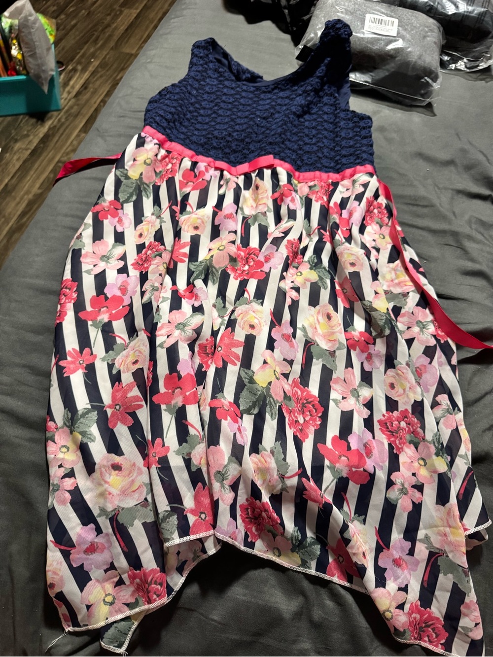 Girls' Navy & Pink Floral Striped Party Dress